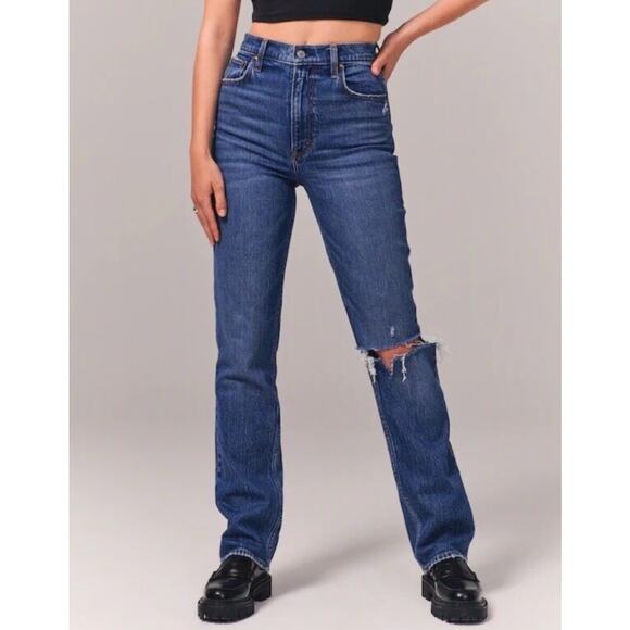Abercrombie And Fitch The 90's Straight Ultra High Rise Jeans 32S Distressed NWT - Picture 2 of 15